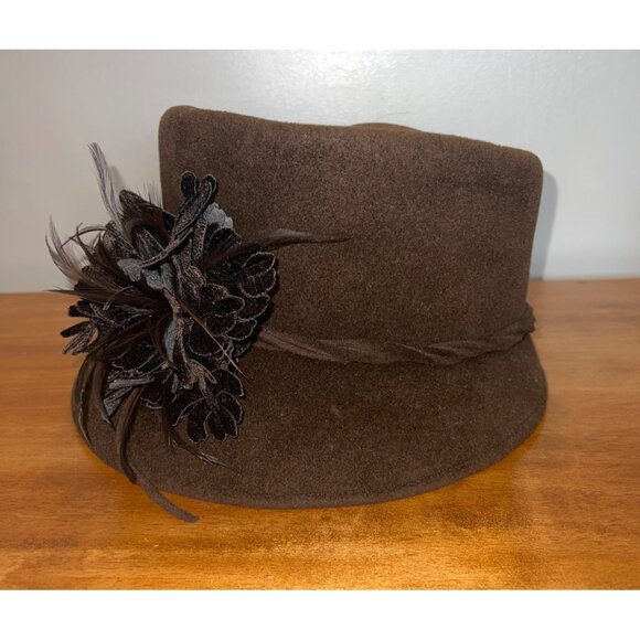 Vintage Cloche Tall Bowler Hat Velvet Feather Floral Accent Women Meril - Picture 7 of 8